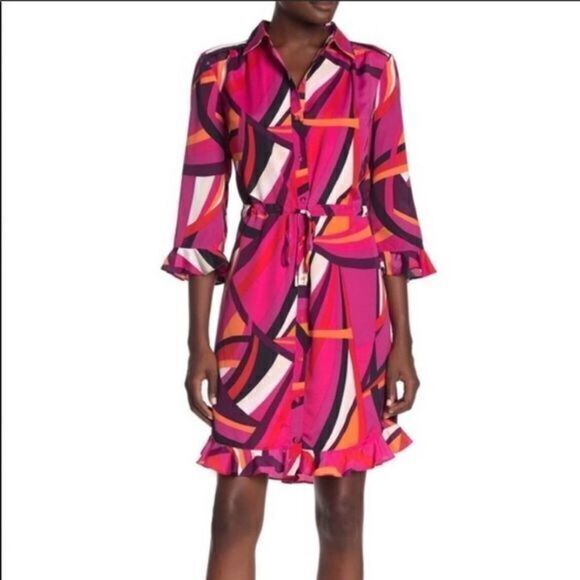 TRINA TURK Nat Geometric Print A-Line Waist Tie Mini Dress XSMALL